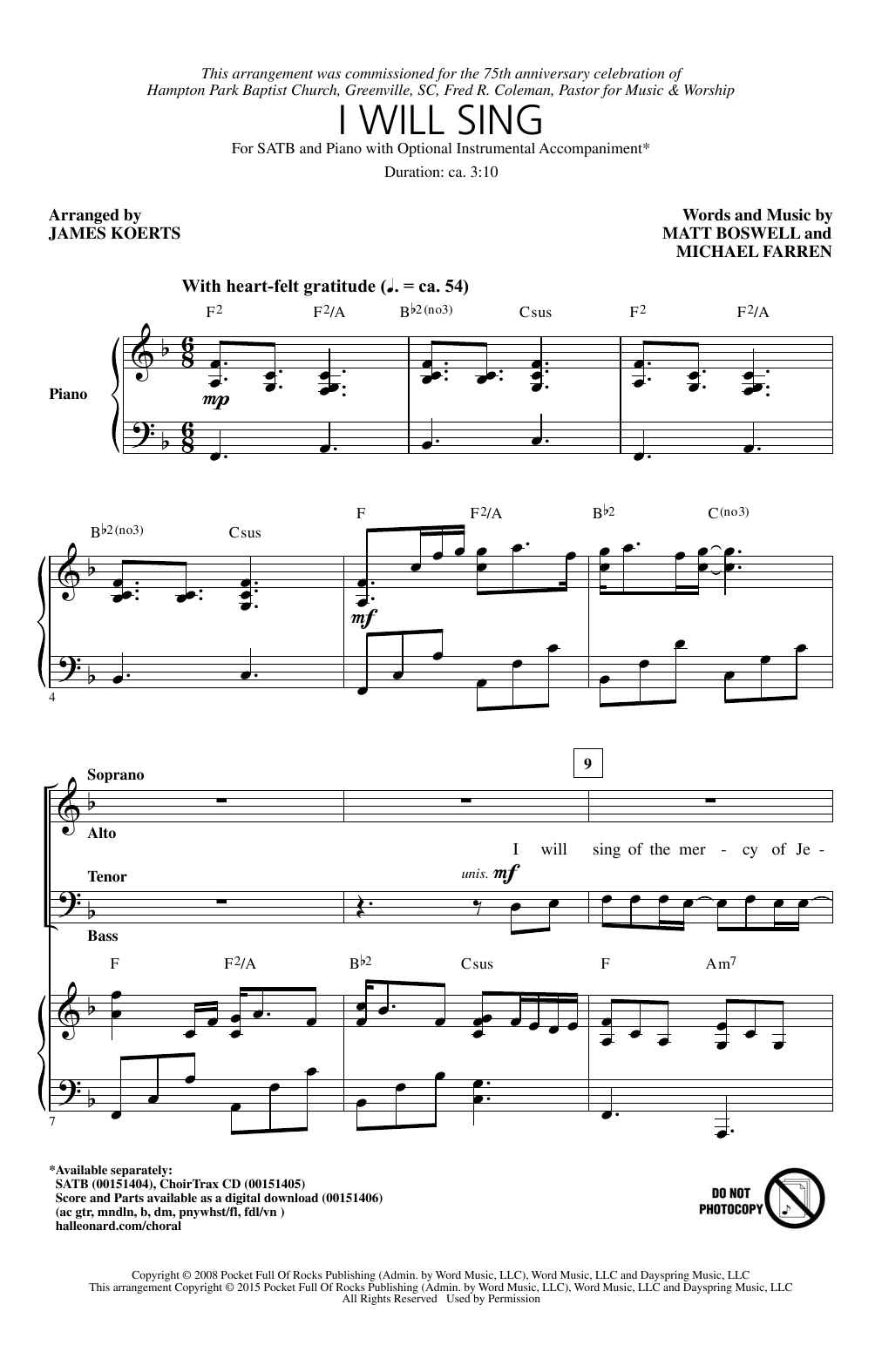 James Koerts I Will Sing Sheet Music Notes & Chords for SATB - Download or Print PDF