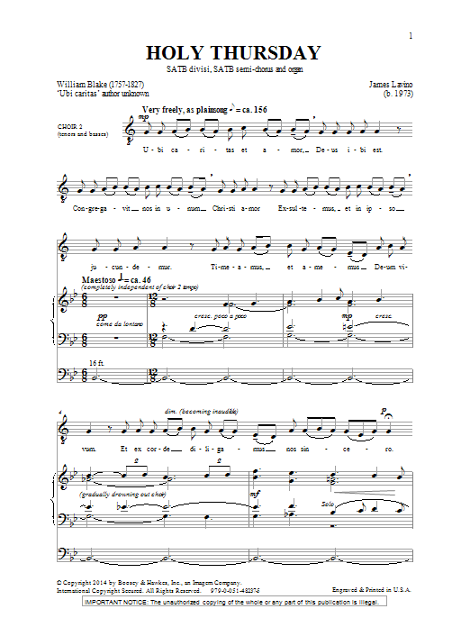 James Lavino Holy Thursday Sheet Music Notes & Chords for SATB - Download or Print PDF
