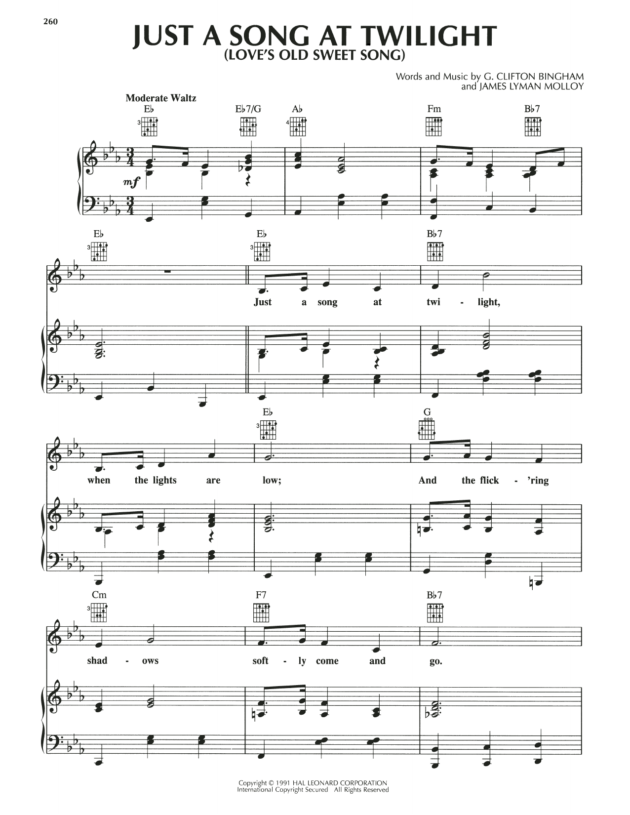 James Lyman Molloy Just A Song At Twilight (Love's Old Sweet Song) Sheet Music Notes & Chords for Piano, Vocal & Guitar Chords (Right-Hand Melody) - Download or Print PDF