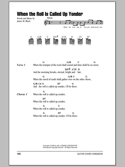 James M. Black When The Roll Is Called Up Yonder Sheet Music Notes & Chords for Piano, Vocal & Guitar Chords (Right-Hand Melody) - Download or Print PDF