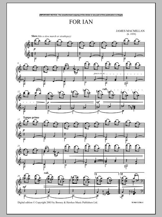 James MacMillan For Ian Sheet Music Notes & Chords for Piano - Download or Print PDF