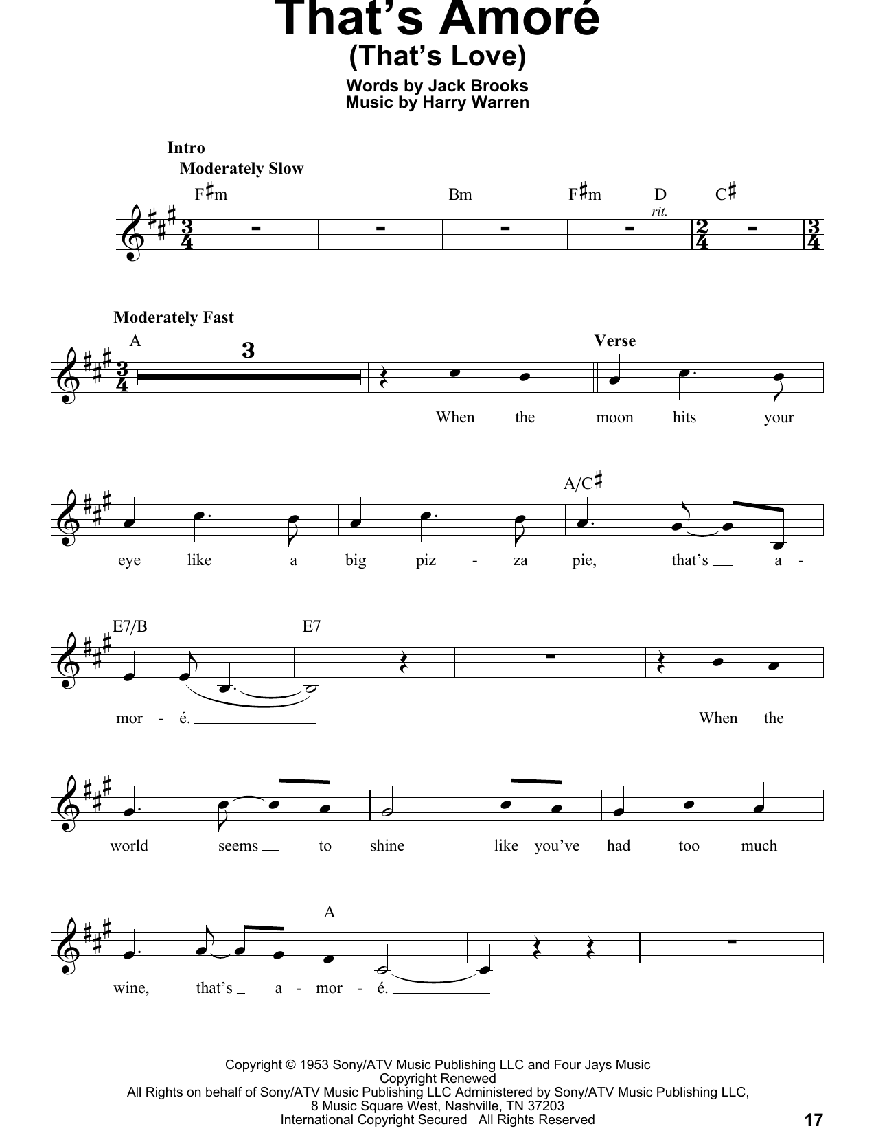 Alan Menken That's Amore (That's Love) Sheet Music Notes & Chords for Voice - Download or Print PDF