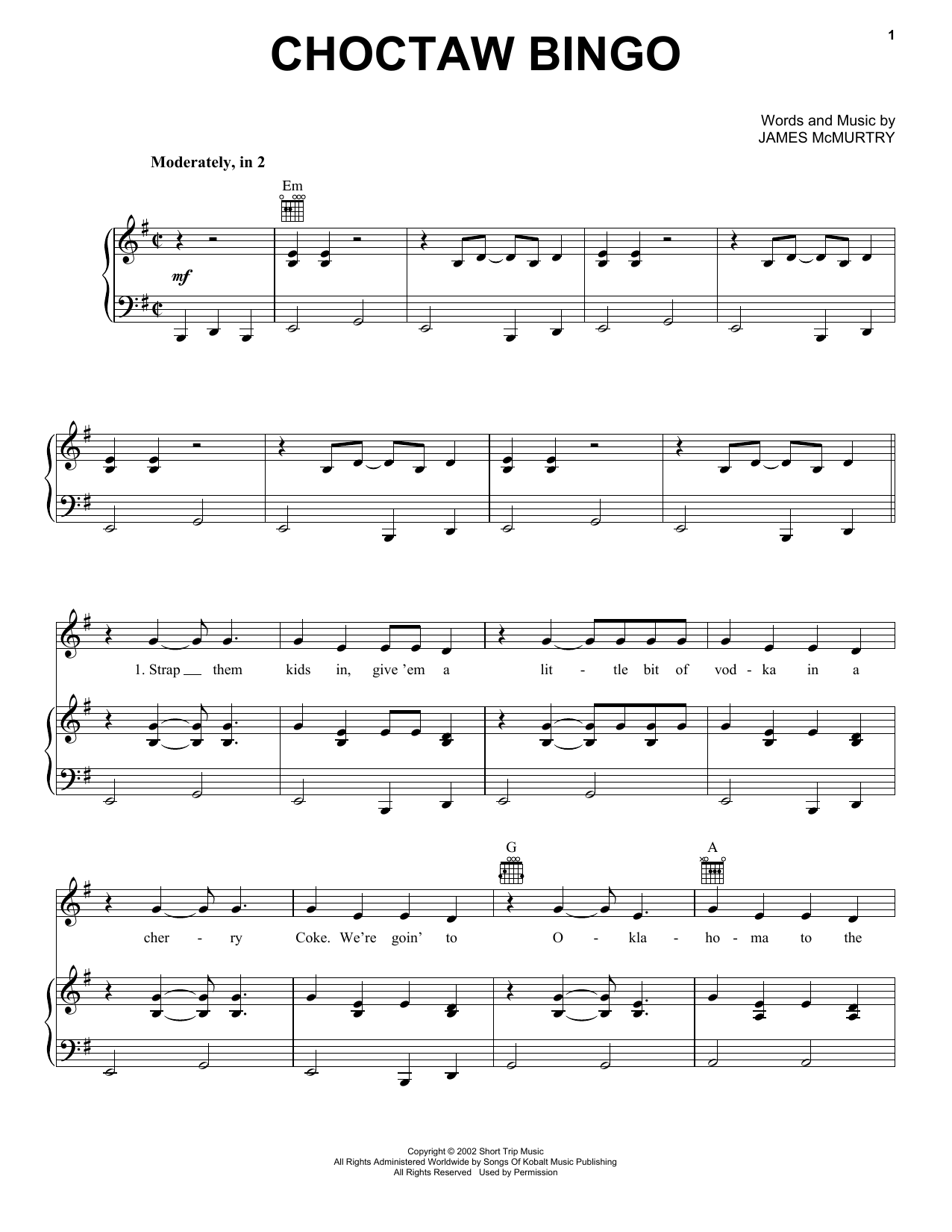 James Mc Murtry Choctaw Bingo Sheet Music Notes & Chords for Piano, Vocal & Guitar (Right-Hand Melody) - Download or Print PDF
