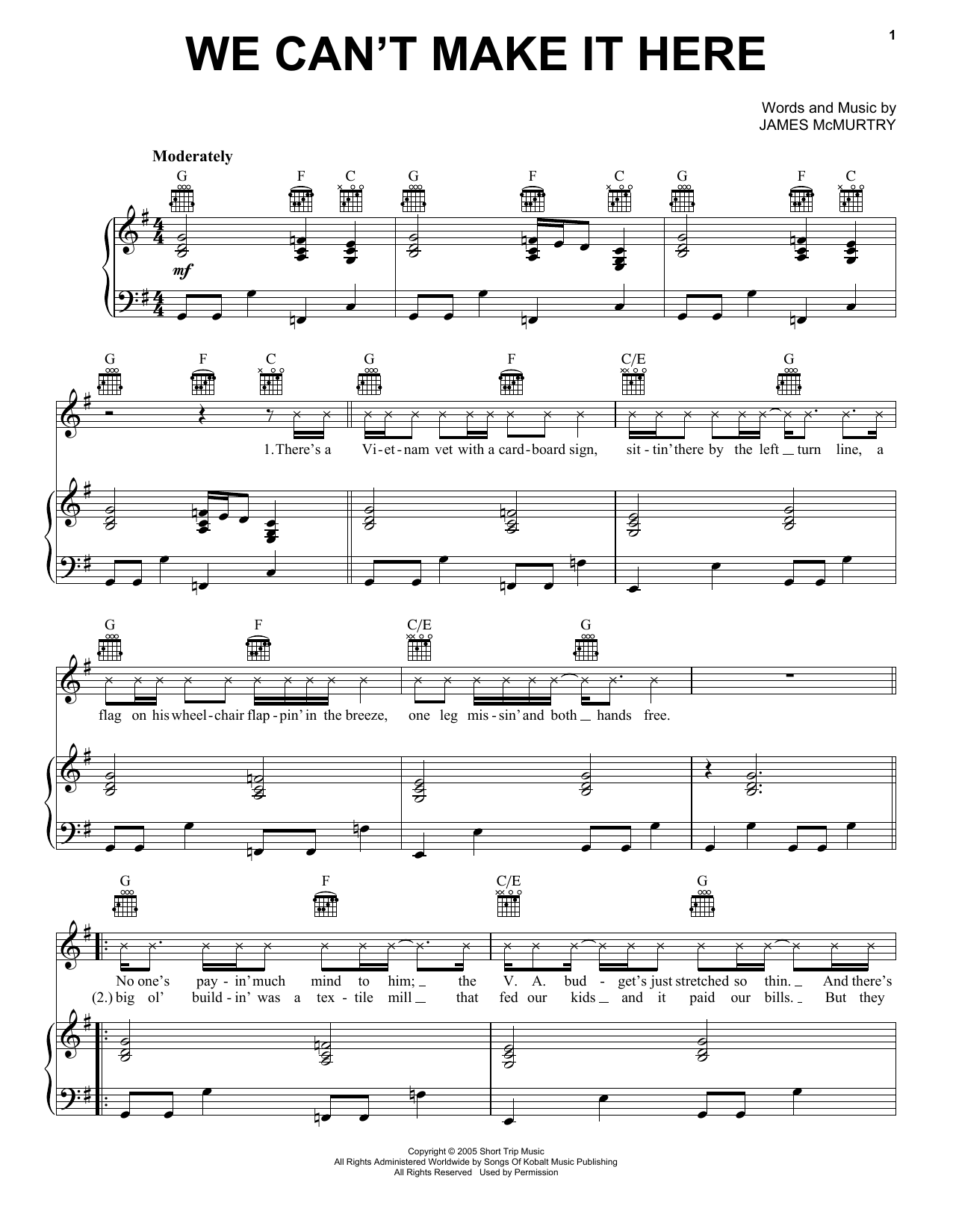 James Mc Murtry We Can't Make It Here Sheet Music Notes & Chords for Piano, Vocal & Guitar (Right-Hand Melody) - Download or Print PDF