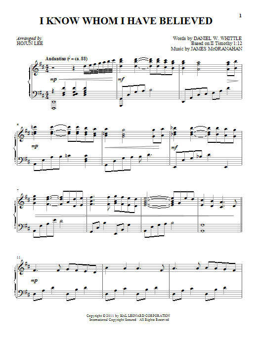 James McGranahan I Know Whom I Have Believed Sheet Music Notes & Chords for Piano - Download or Print PDF