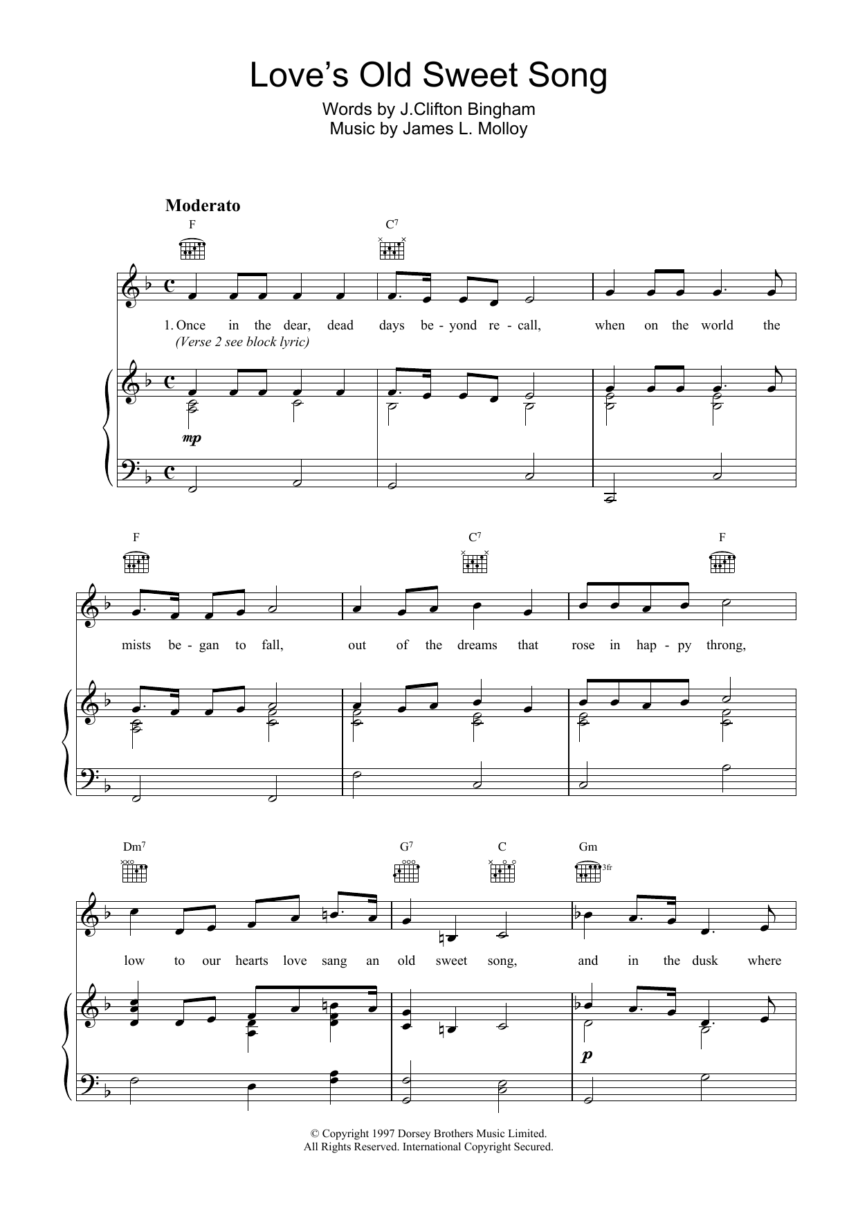 James Molloy Love's Old Sweet Song Sheet Music Notes & Chords for Piano, Vocal & Guitar (Right-Hand Melody) - Download or Print PDF