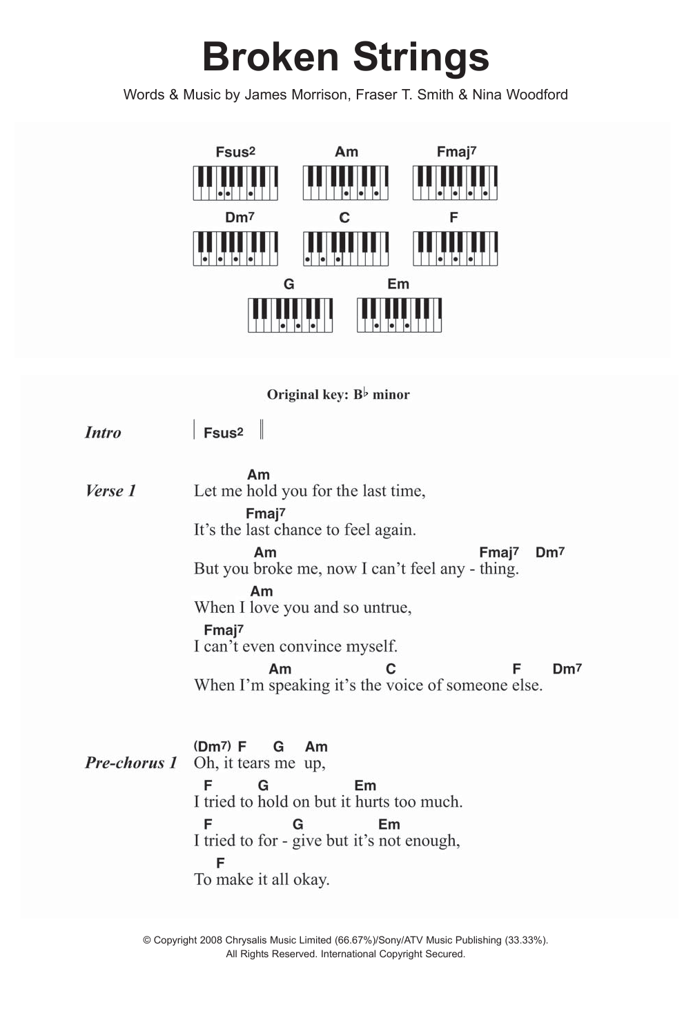 James Morrison Broken Strings (featuring Nelly Furtado) Sheet Music Notes & Chords for Piano Chords/Lyrics - Download or Print PDF