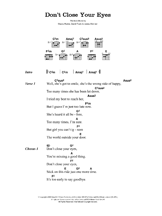James Morrison Don't Close Your Eyes Sheet Music Notes & Chords for Lyrics & Chords - Download or Print PDF