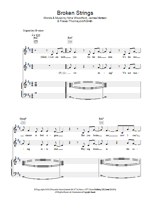 James Morrison featuring Nelly Furtado Broken Strings Sheet Music Notes & Chords for Lyrics & Piano Chords - Download or Print PDF