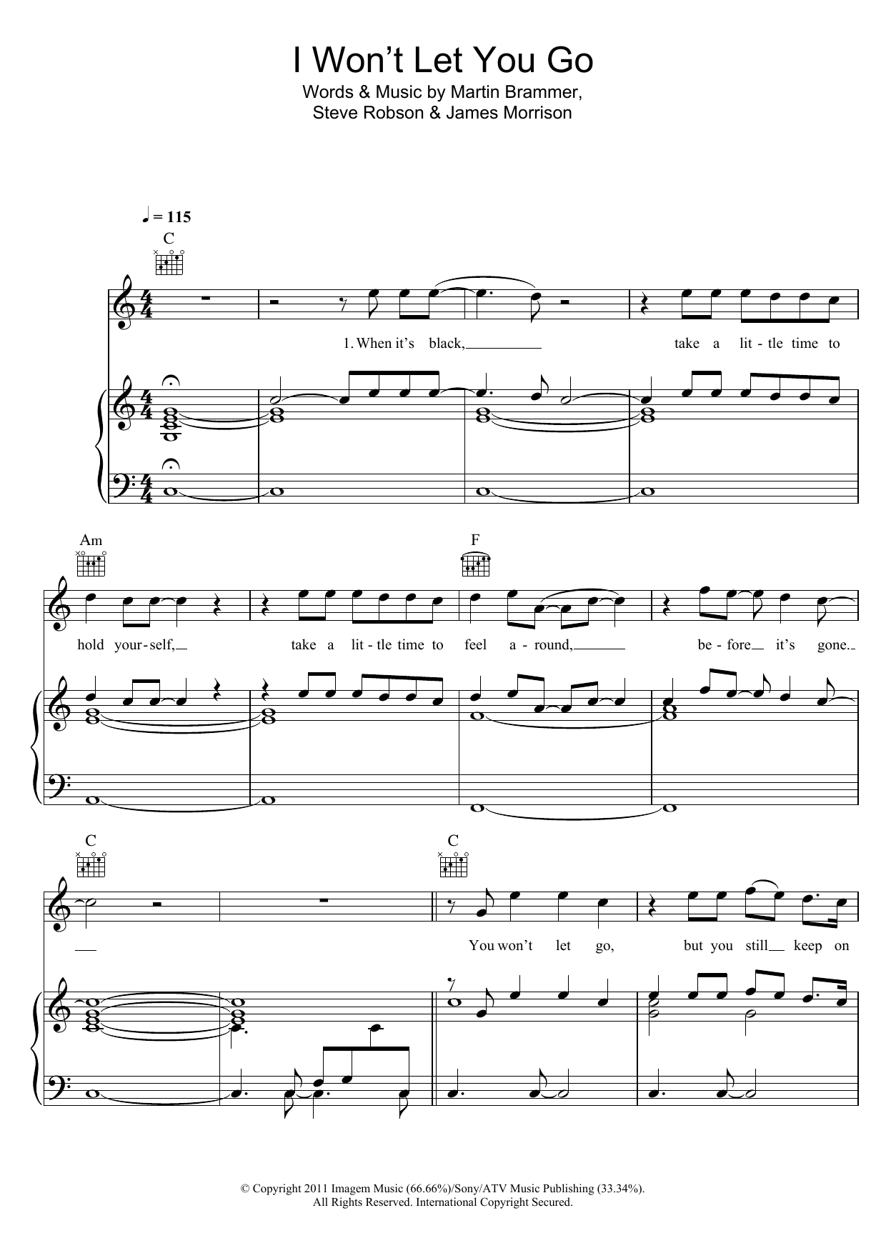 James Morrison I Won't Let You Go Sheet Music Notes & Chords for Piano, Vocal & Guitar (Right-Hand Melody) - Download or Print PDF