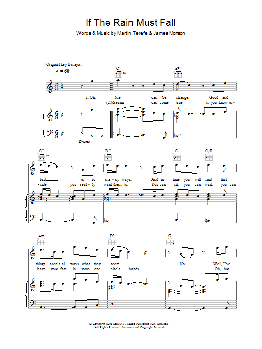 James Morrison If The Rain Must Fall Sheet Music Notes & Chords for Piano, Vocal & Guitar (Right-Hand Melody) - Download or Print PDF