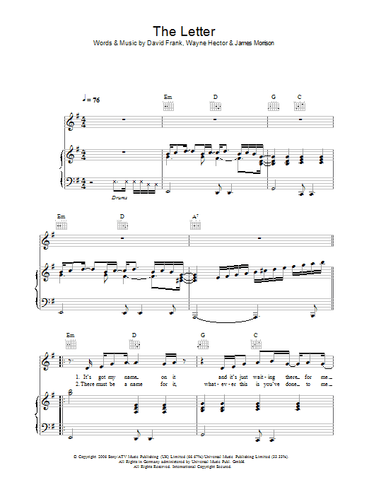 James Morrison The Letter Sheet Music Notes & Chords for Piano, Vocal & Guitar - Download or Print PDF