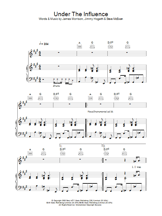 James Morrison Under The Influence Sheet Music Notes & Chords for Piano, Vocal & Guitar (Right-Hand Melody) - Download or Print PDF