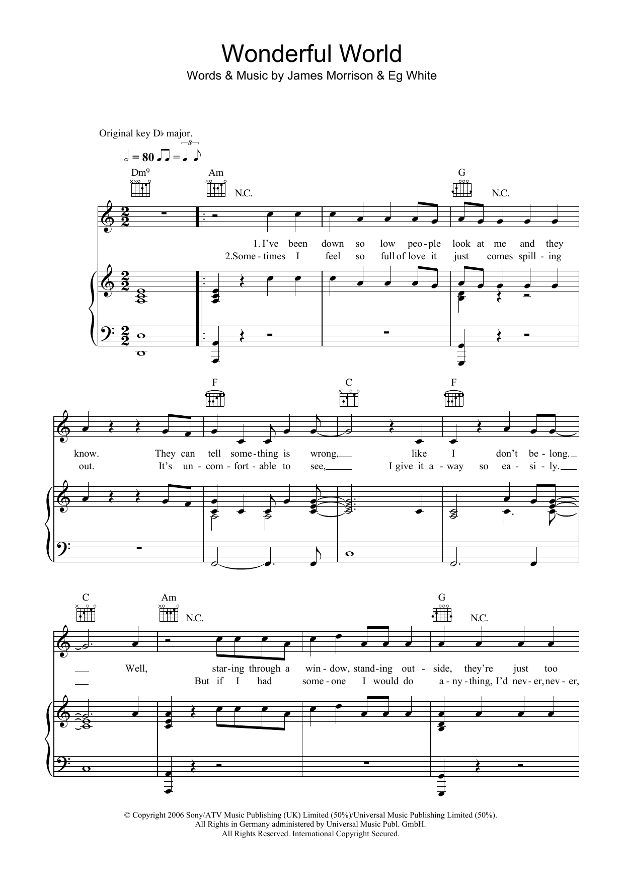 James Morrison Wonderful World Sheet Music Notes & Chords for Piano, Vocal & Guitar (Right-Hand Melody) - Download or Print PDF