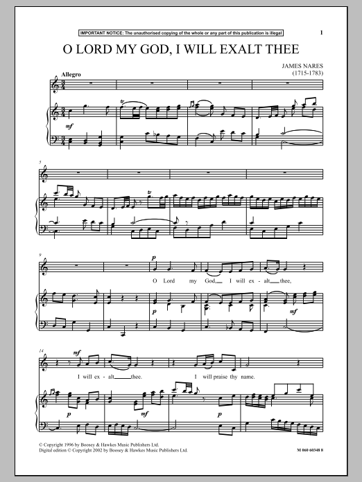 James Nares O Lord My God, I Will Exalt Thee Sheet Music Notes & Chords for Piano & Vocal - Download or Print PDF