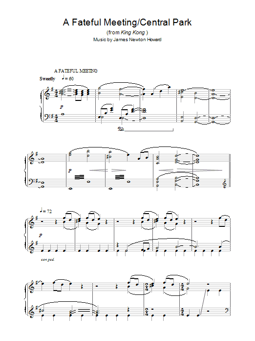 James Newton Howard A Fateful Meeting/Central Park (from King Kong) Sheet Music Notes & Chords for Piano - Download or Print PDF