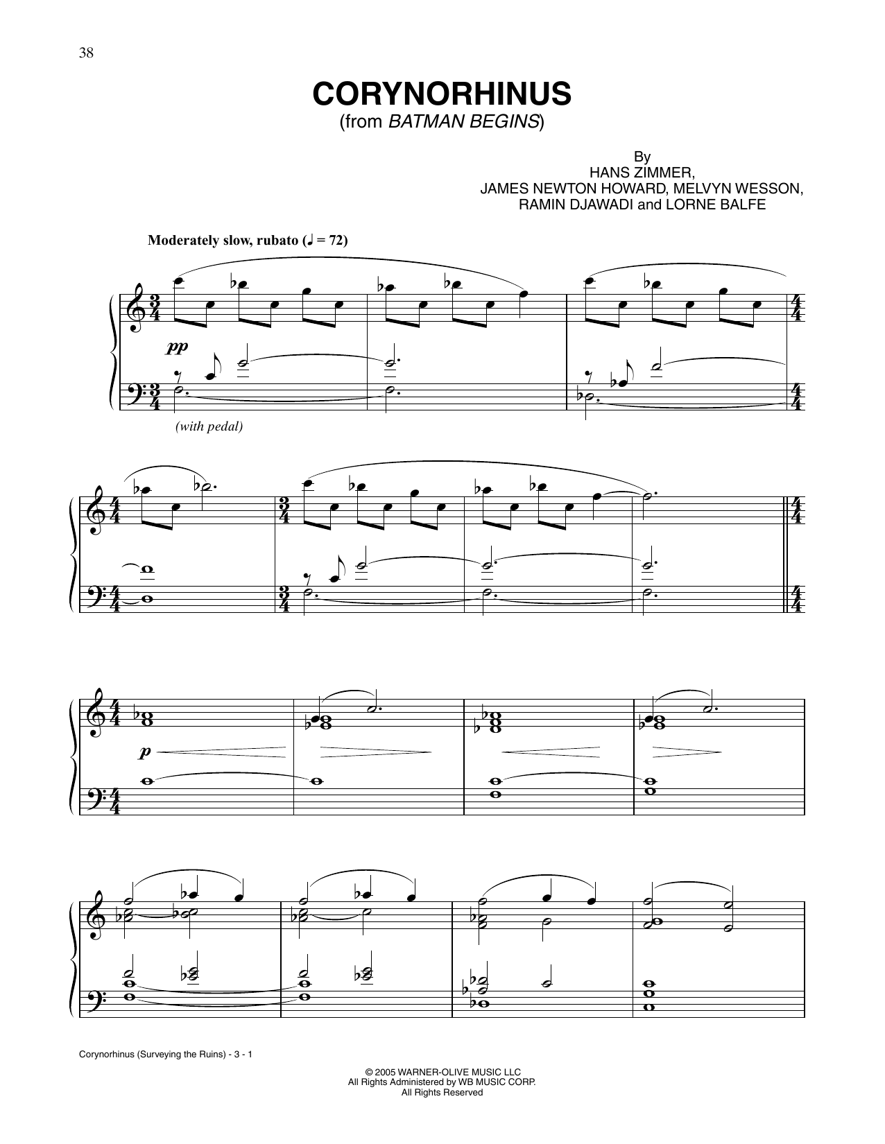 James Newton Howard and Hans Zimmer Corynorhinus (Surveying the Ruins) (from Batman Begins) Sheet Music Notes & Chords for Piano Solo - Download or Print PDF