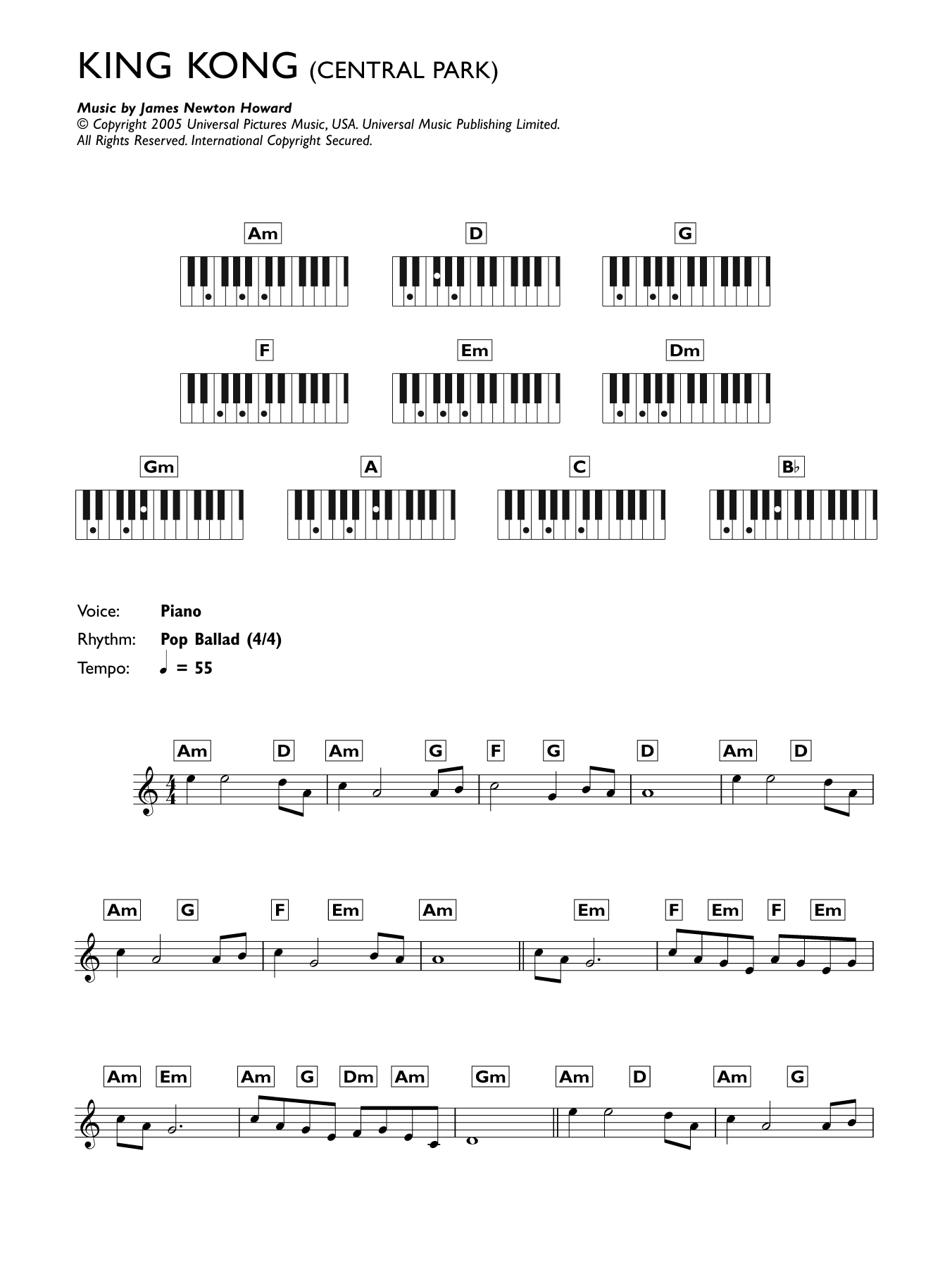 James Newton Howard Central Park (from King Kong) Sheet Music Notes & Chords for Easy Piano - Download or Print PDF