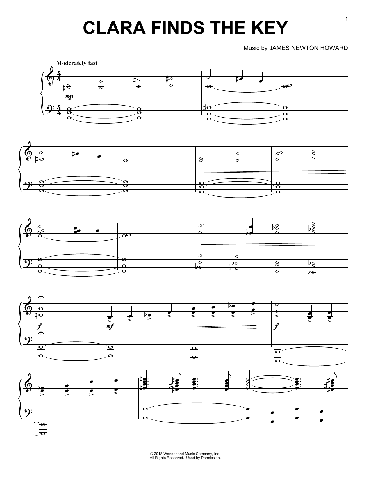 James Newton Howard Clara Finds The Key (from The Nutcracker and The Four Realms) Sheet Music Notes & Chords for Piano Solo - Download or Print PDF