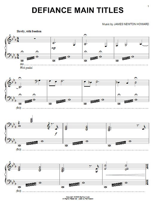 James Newton Howard Defiance Main Titles Sheet Music Notes & Chords for Piano - Download or Print PDF