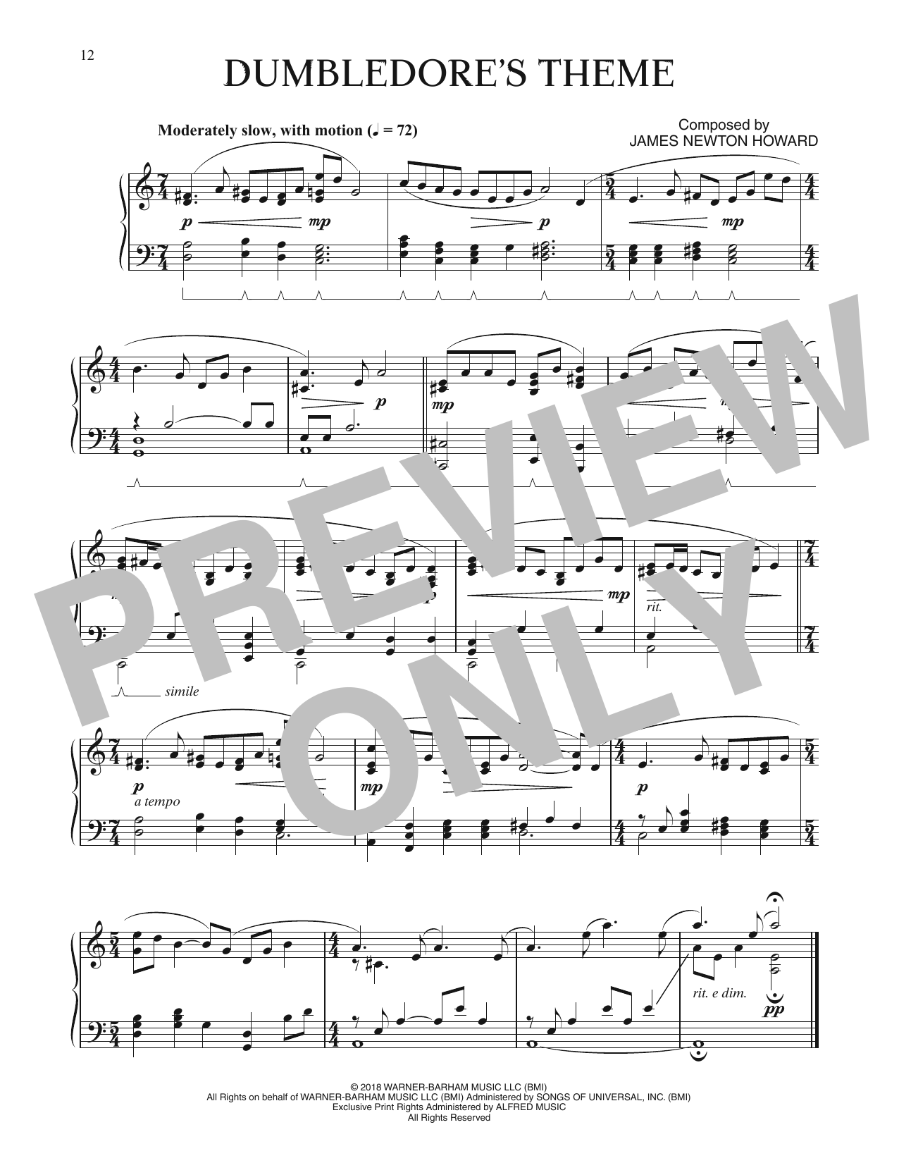 James Newton Howard Dumbeldore's Theme (from Fantastic Beasts: The Crimes Of Grindelwald) Sheet Music Notes & Chords for Piano Solo - Download or Print PDF