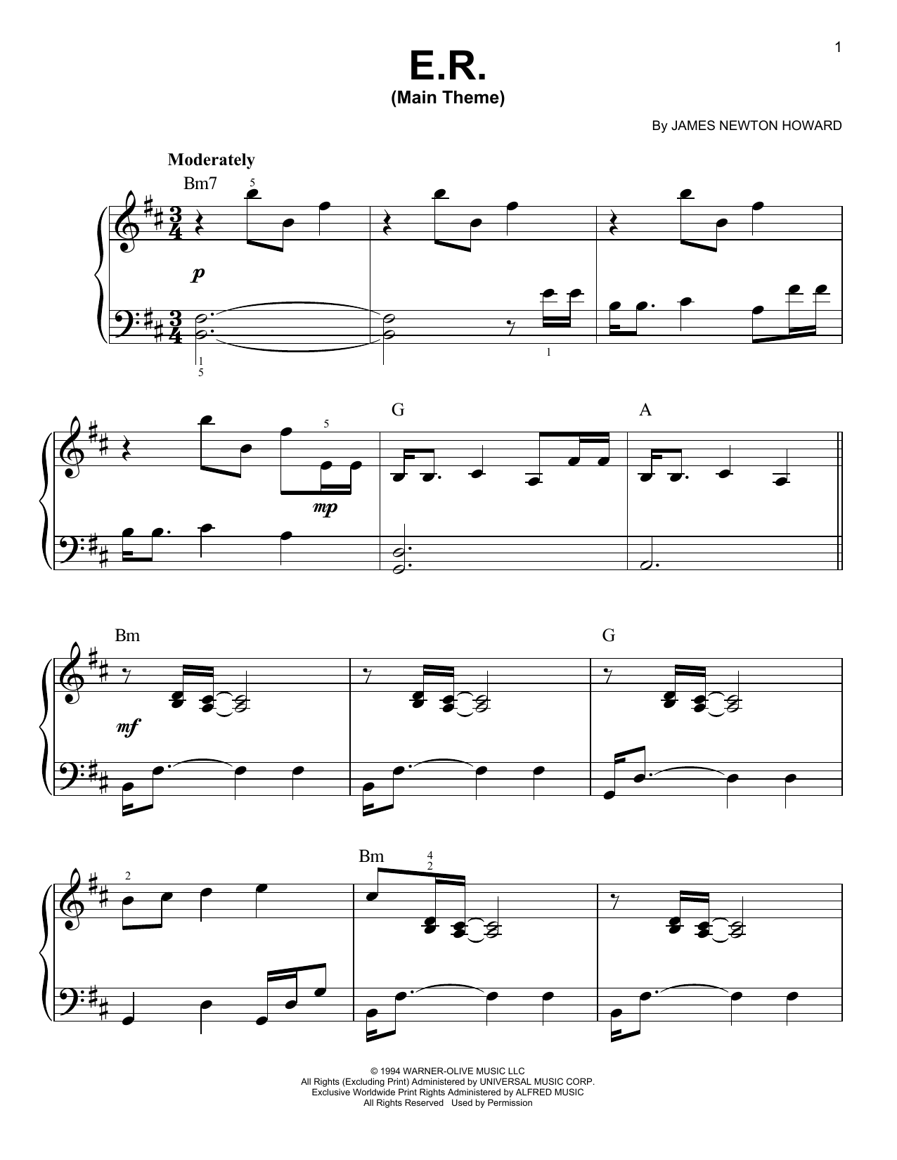 James Newton Howard E.R. (Main Theme) Sheet Music Notes & Chords for Very Easy Piano - Download or Print PDF