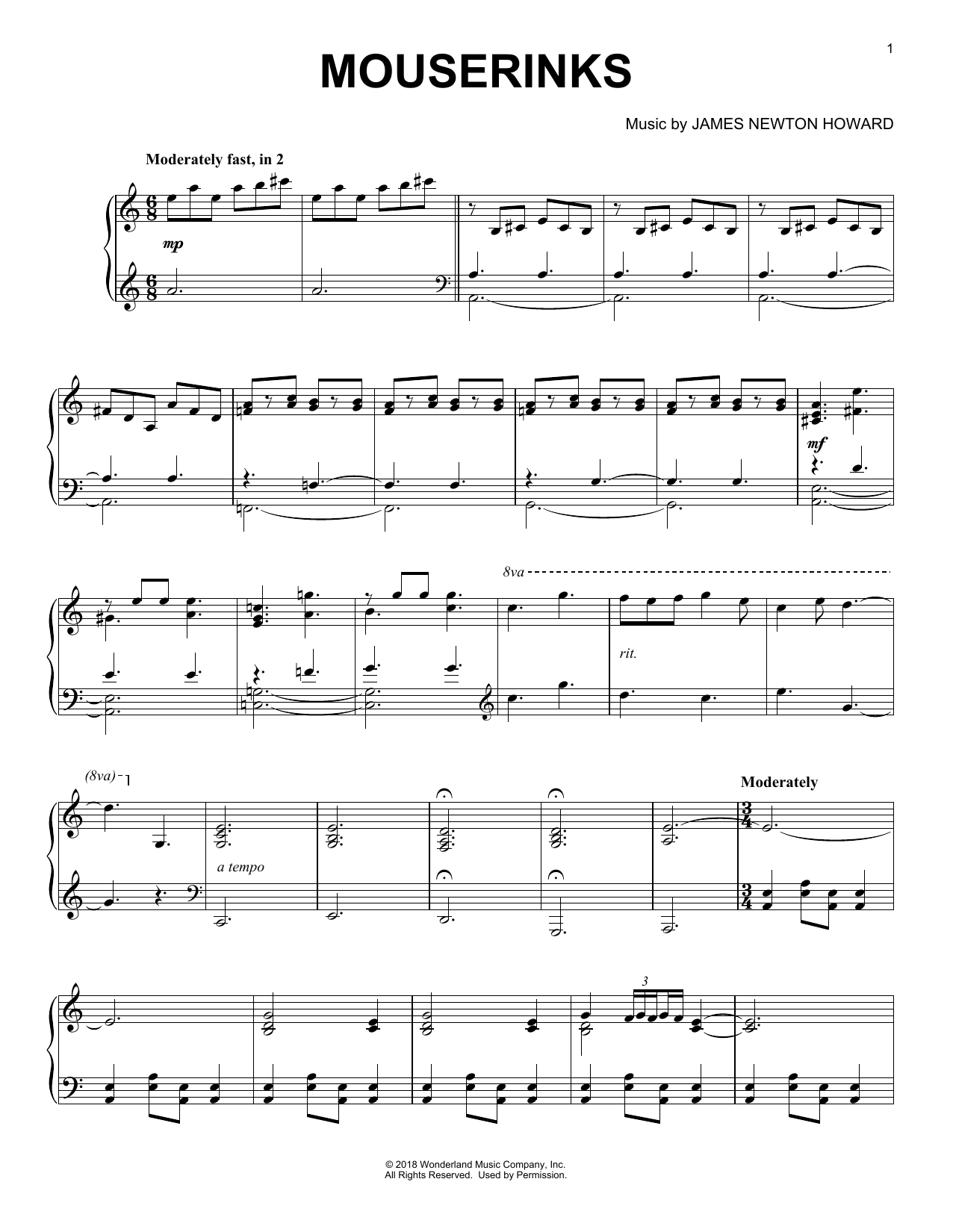 James Newton Howard Mouserinks (from The Nutcracker and The Four Realms) Sheet Music Notes & Chords for Piano Solo - Download or Print PDF