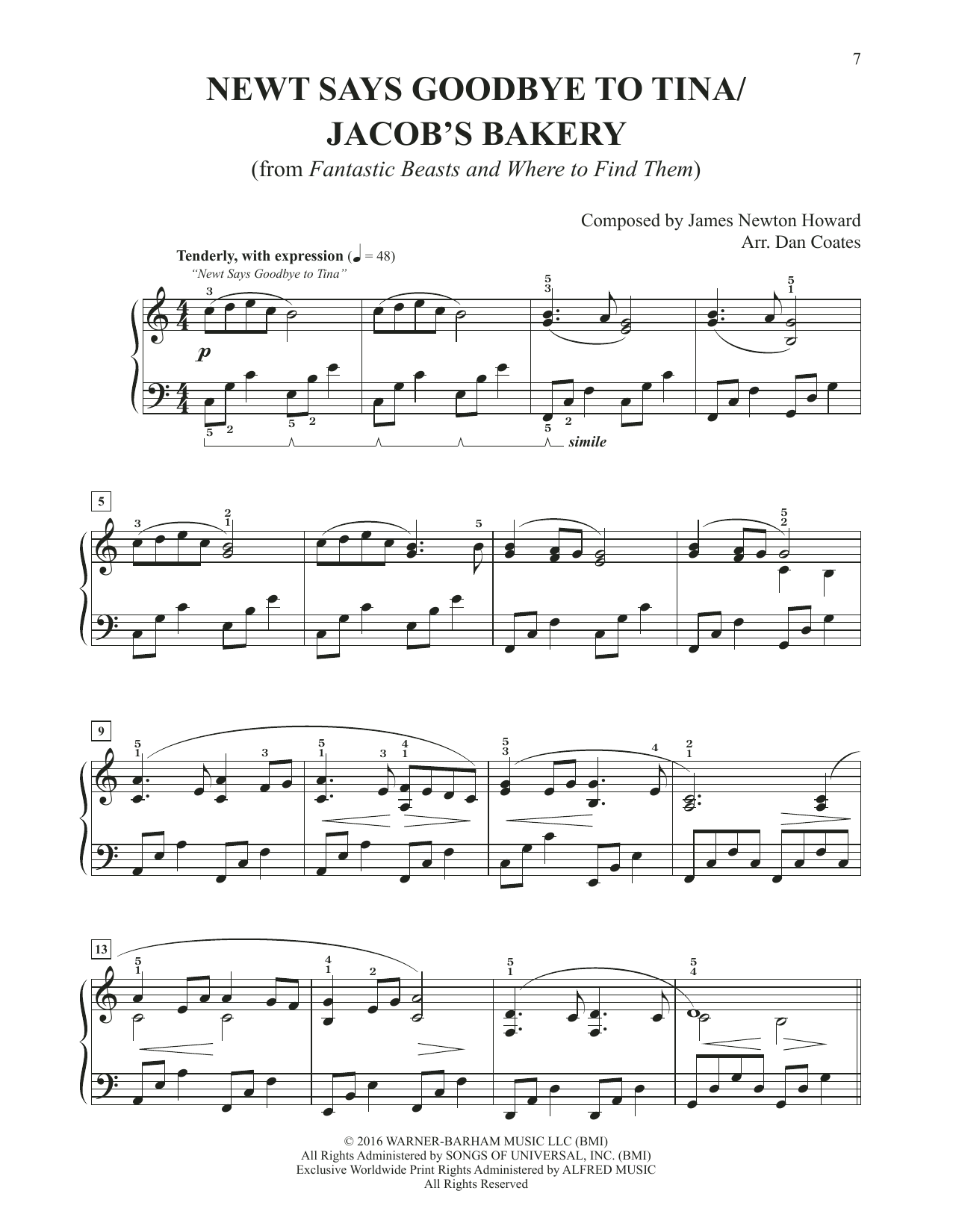 James Newton Howard Newt Says Goodbye To Tina / Jacob's Bakery (arr. Dan Coates) Sheet Music Notes & Chords for Easy Piano - Download or Print PDF