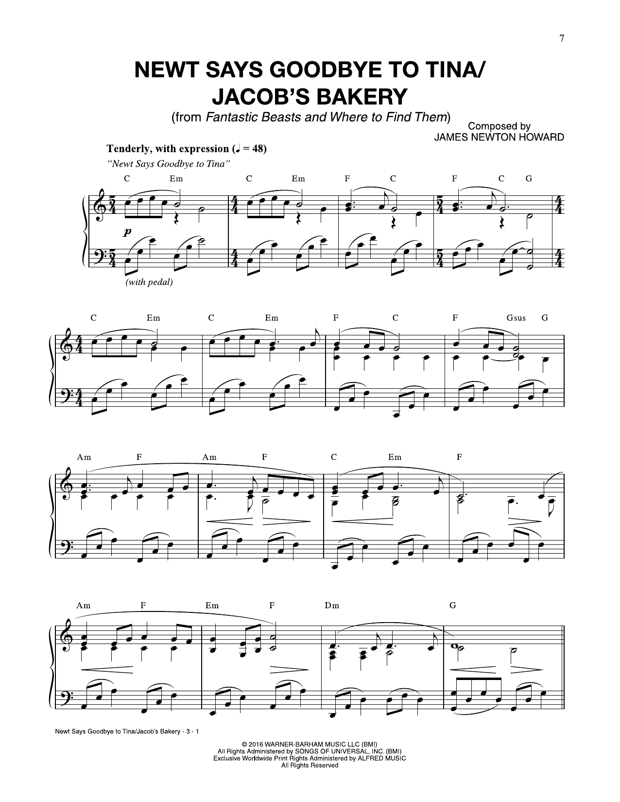James Newton Howard Newt Says Goodbye To Tina / Jacob's Bakery (from Fantastic Beasts And Where To Find Them) Sheet Music Notes & Chords for Piano Solo - Download or Print PDF