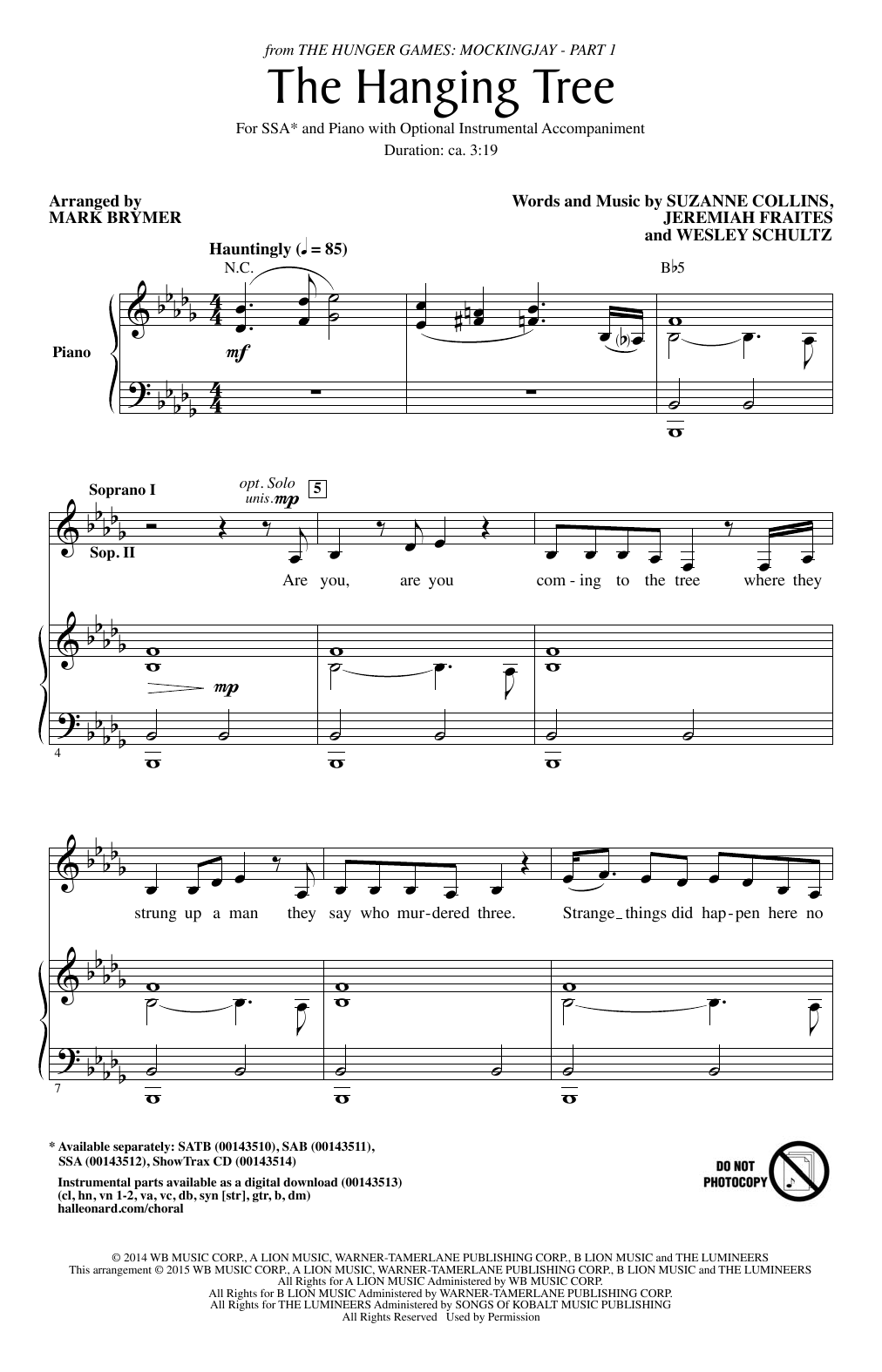 James Newton Howard The Hanging Tree (arr. Mark Brymer) Sheet Music Notes & Chords for SAB - Download or Print PDF