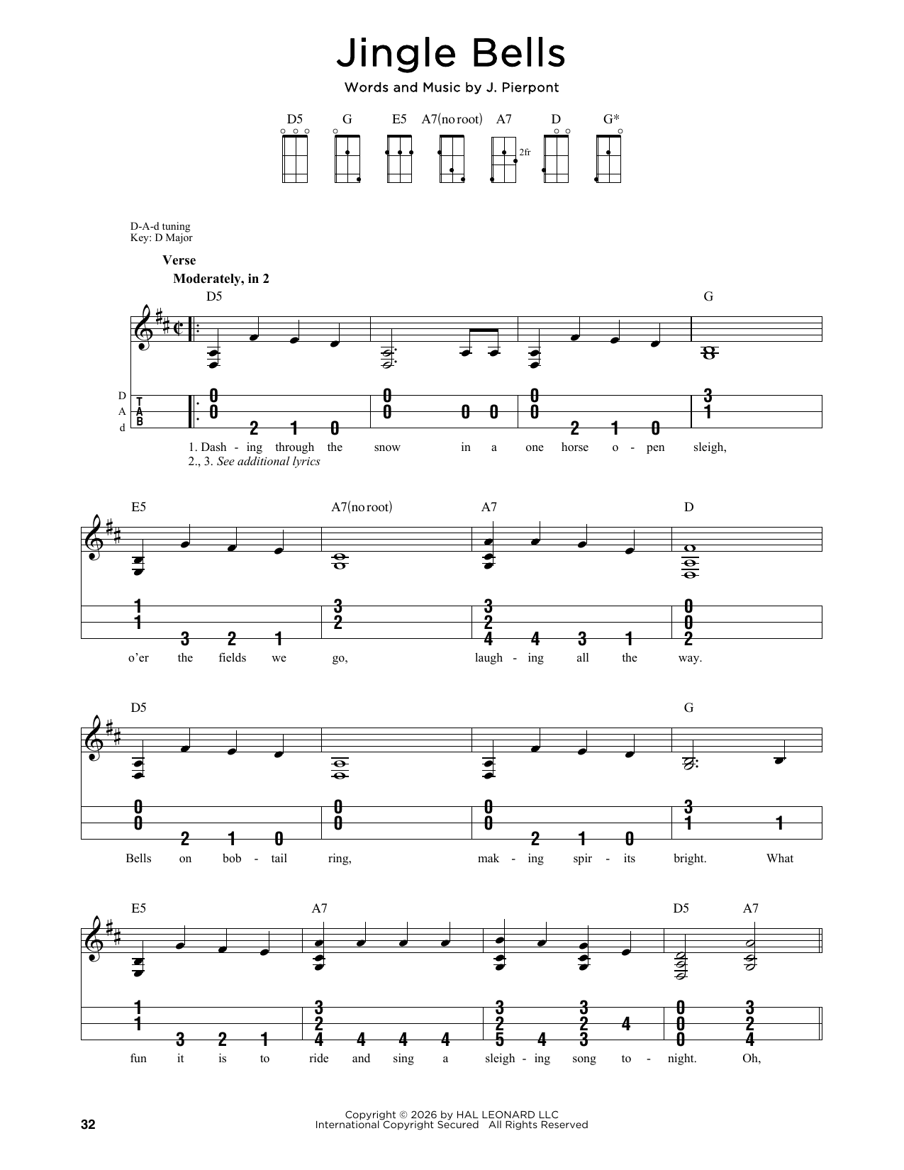 J. Pierpont Jingle Bells Sheet Music Notes & Chords for Piano, Vocal & Guitar (Right-Hand Melody) - Download or Print PDF