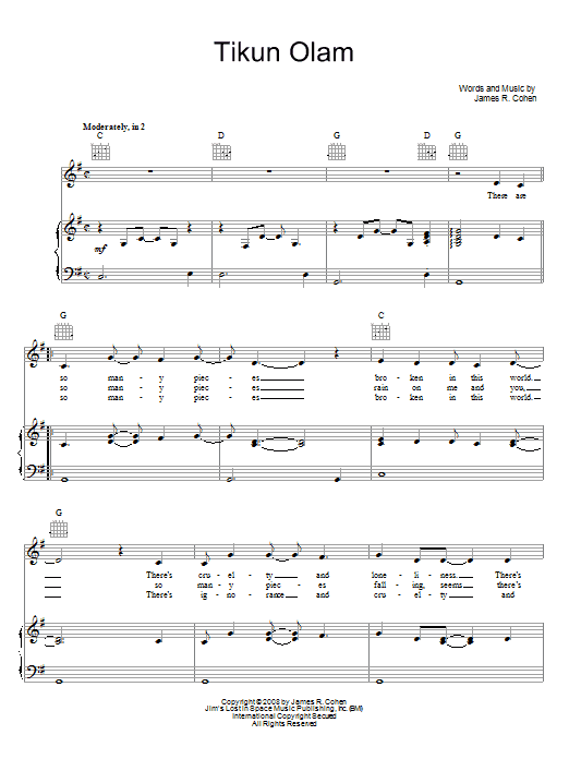 James R. Cohen Tikun Olam Sheet Music Notes & Chords for Piano, Vocal & Guitar (Right-Hand Melody) - Download or Print PDF