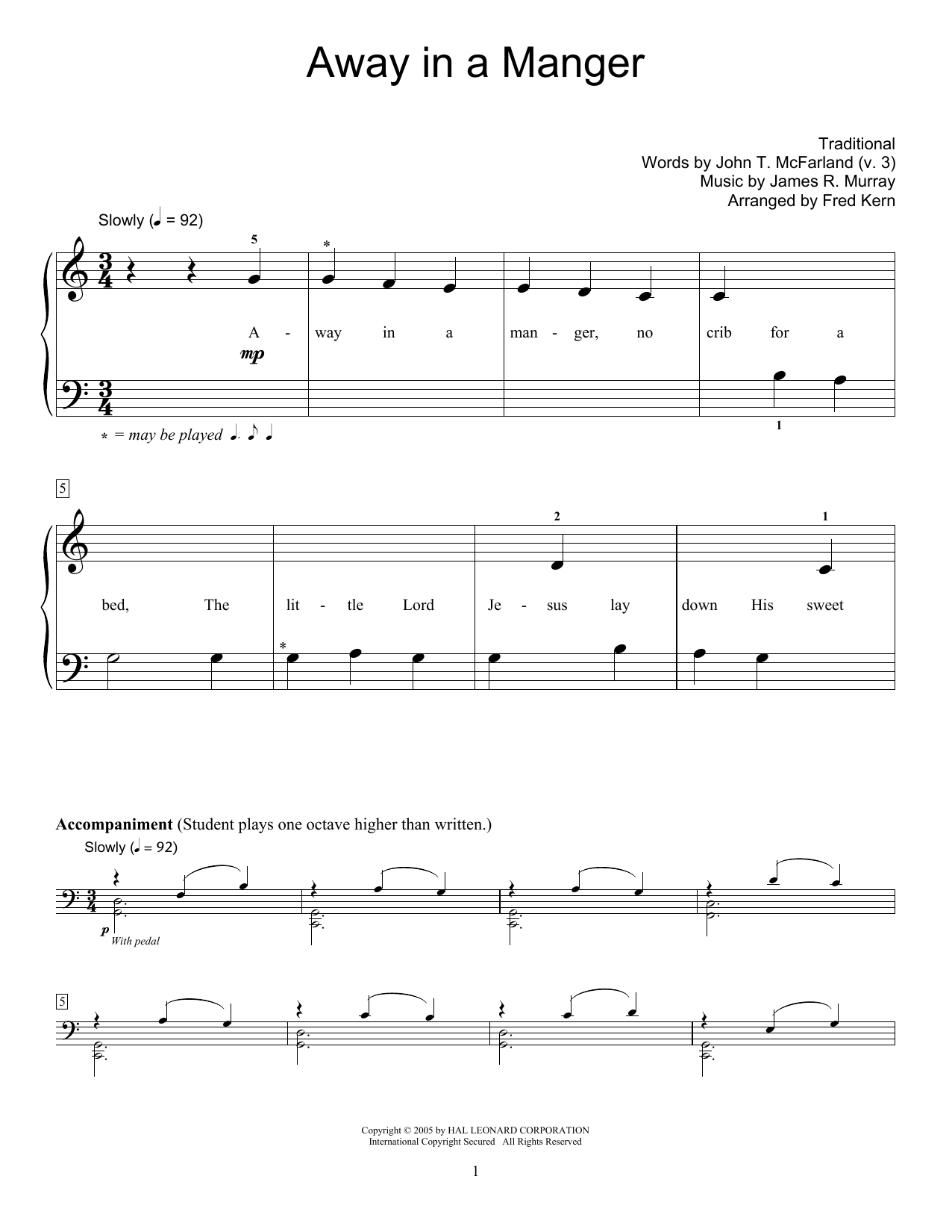 John T. McFarland (v.3) Away In A Manger Sheet Music Notes & Chords for Educational Piano - Download or Print PDF