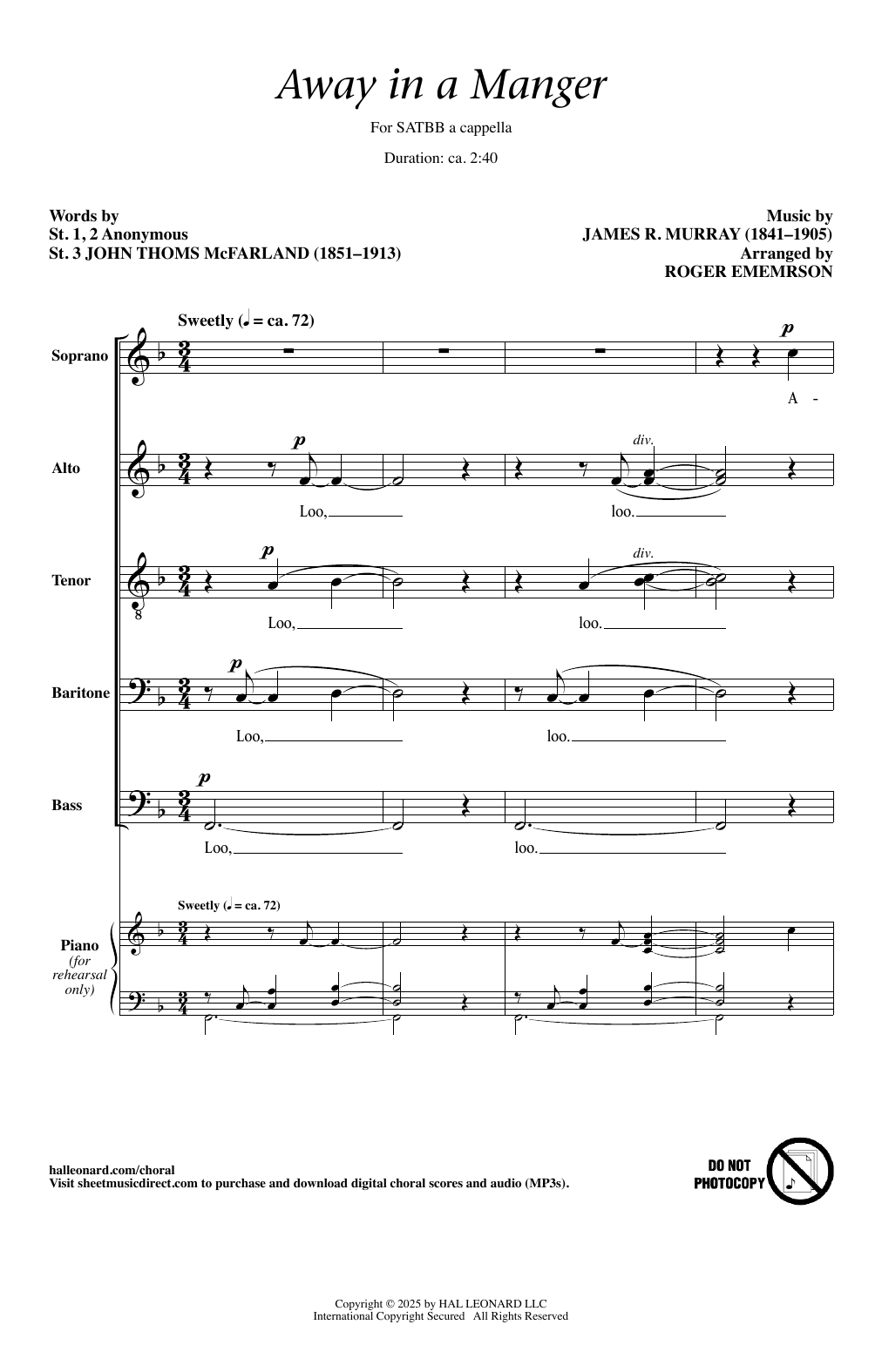 James R. Murray Away In A Manger (arr. Roger Emerson) Sheet Music Notes & Chords for SATBB Choir - Download or Print PDF