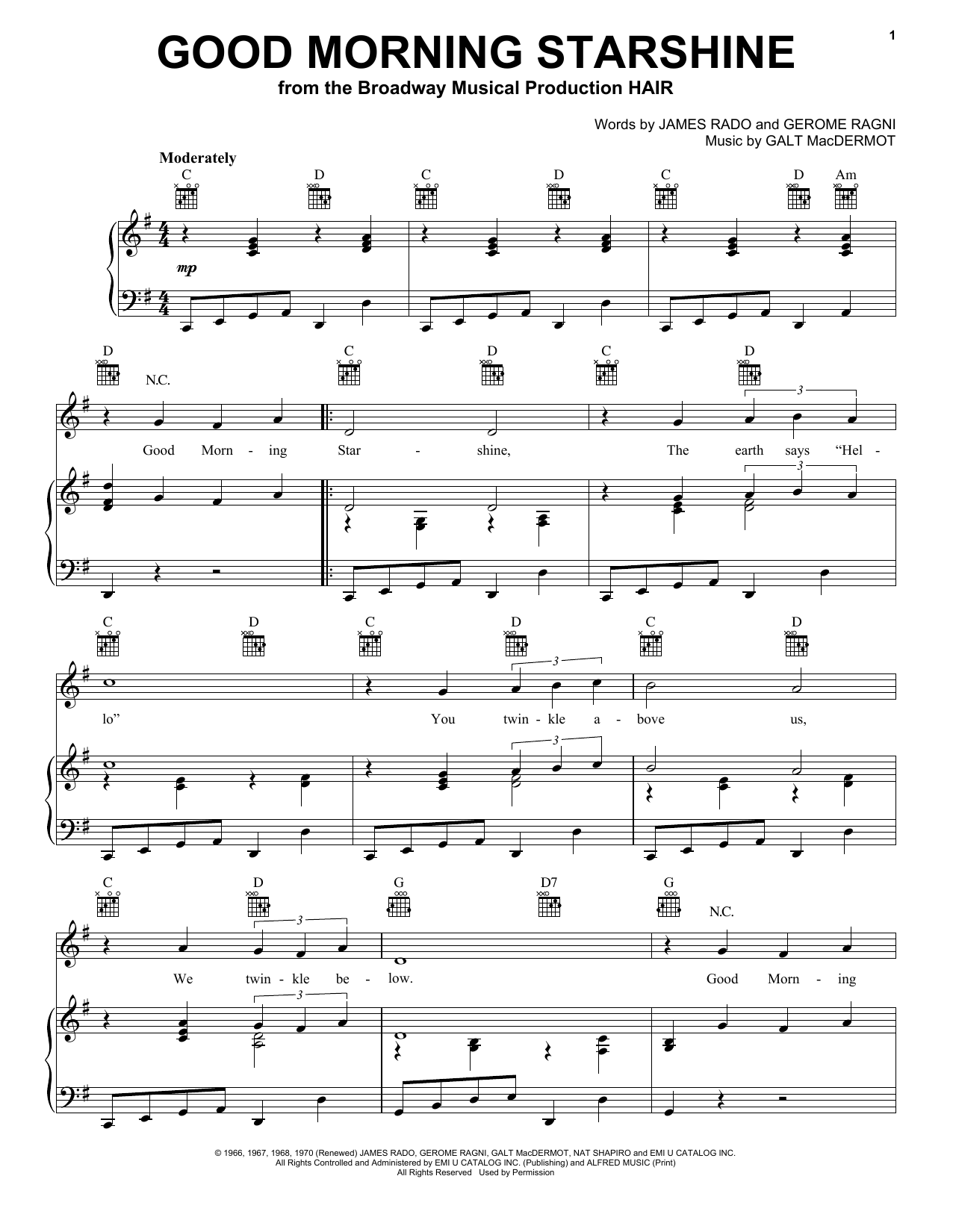 James Rado Good Morning Starshine Sheet Music Notes & Chords for Piano - Download or Print PDF
