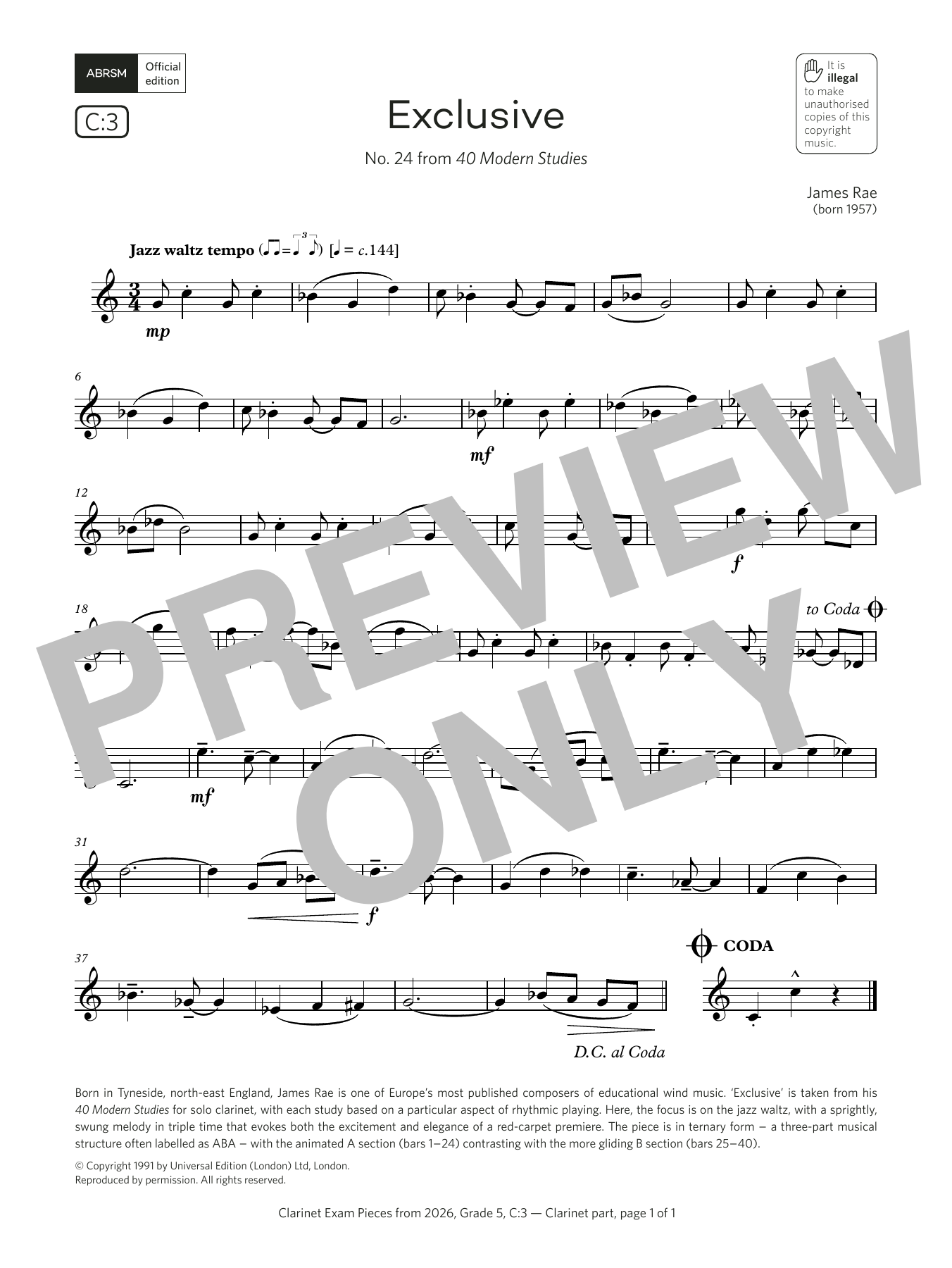 James Rae Exclusive (Grade 5, list C3, from the ABRSM Clarinet Syllabus from 2026) Sheet Music Notes & Chords for Clarinet Solo - Download or Print PDF