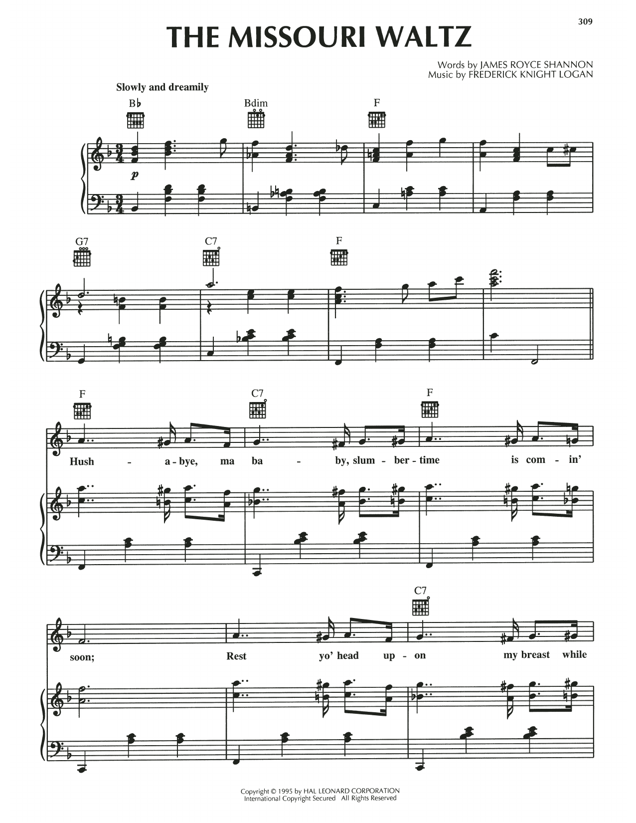 James Royce Shannon The Missouri Waltz Sheet Music Notes & Chords for Piano, Vocal & Guitar Chords (Right-Hand Melody) - Download or Print PDF