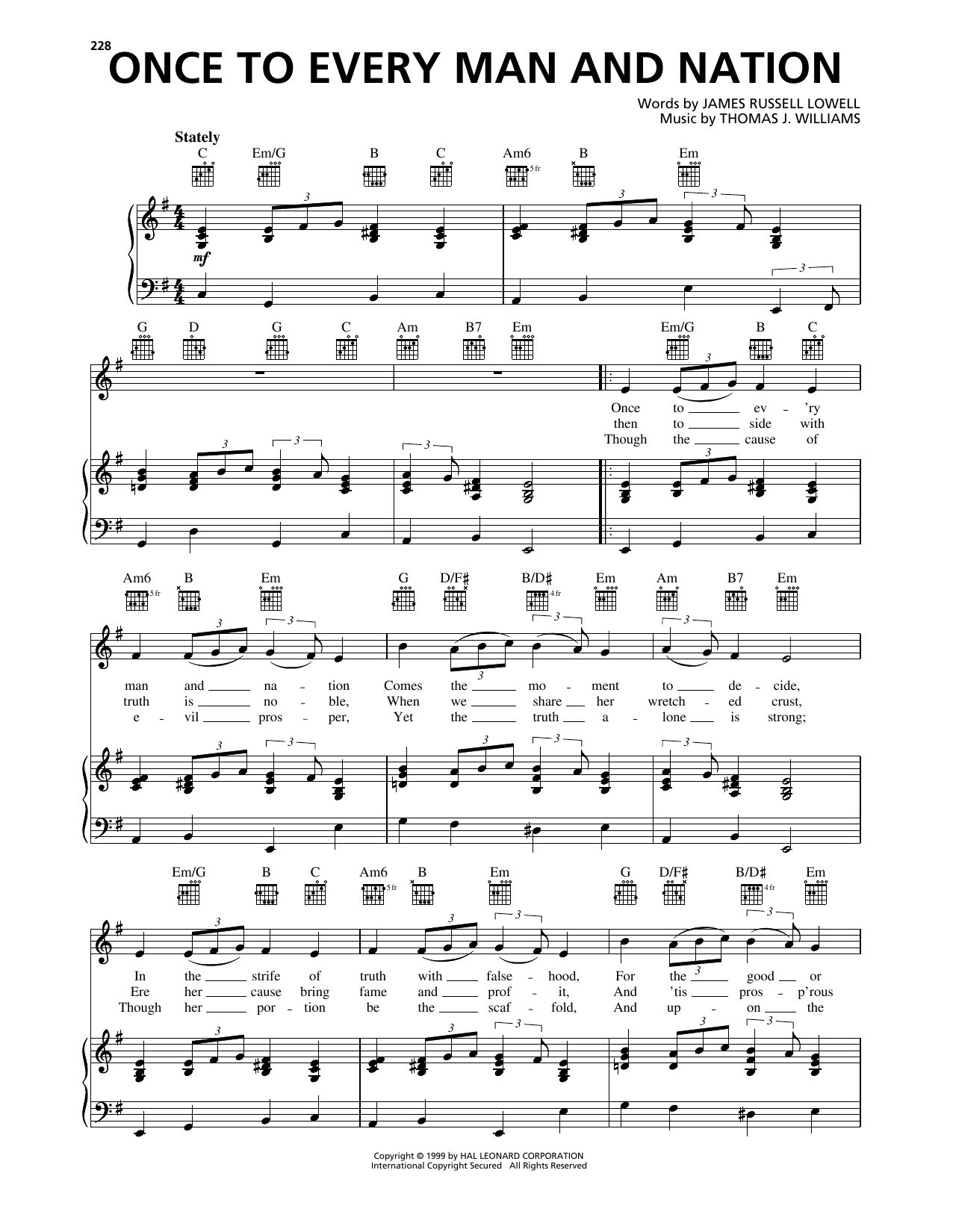 James Russell Lowell Once To Every Man And Nation Sheet Music Notes & Chords for Piano, Vocal & Guitar Chords (Right-Hand Melody) - Download or Print PDF