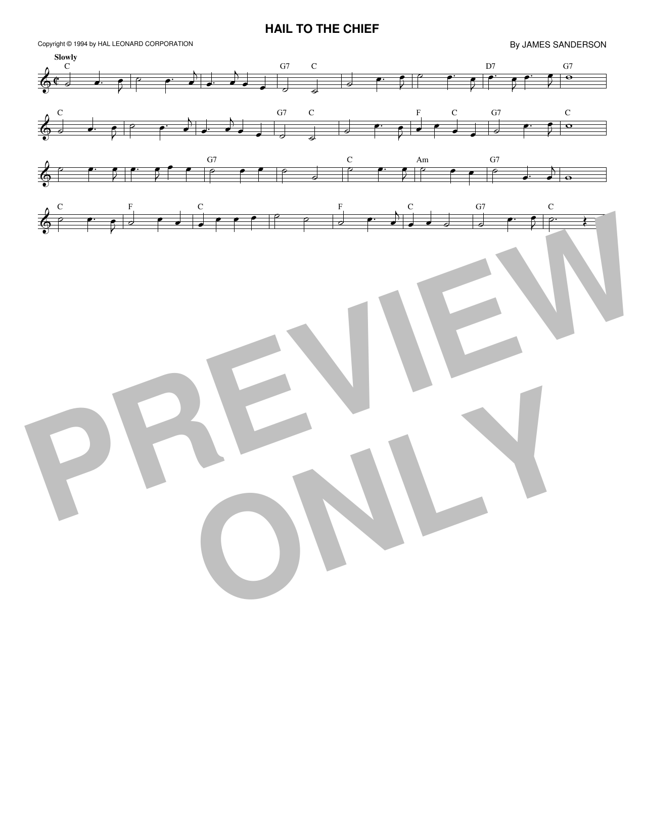 James Sanderson Hail To The Chief Sheet Music Notes & Chords for Melody Line, Lyrics & Chords - Download or Print PDF