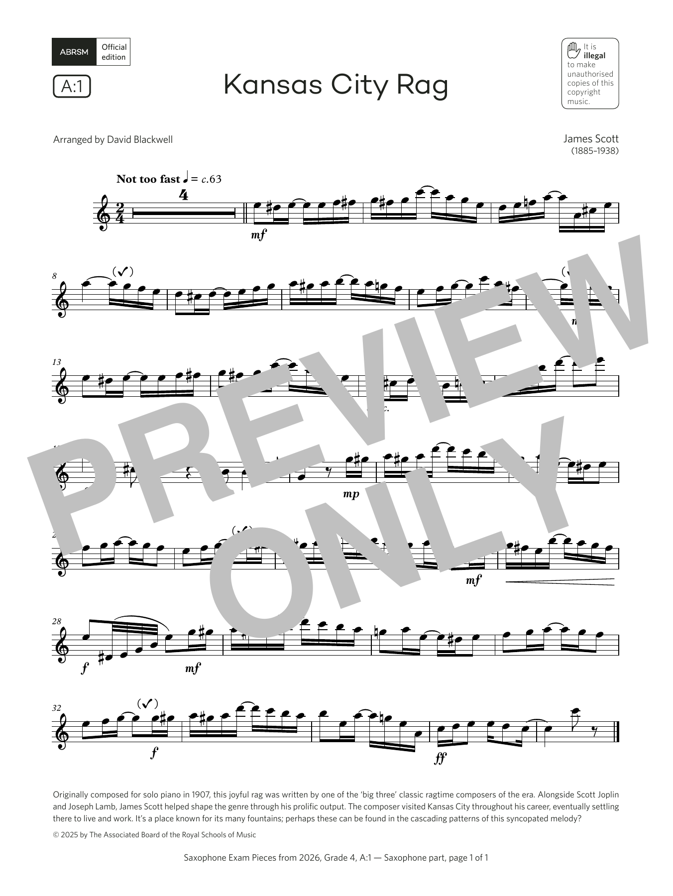 James Scott Kansas City Rag (Grade 4, list A1, from the ABRSM Saxophone Syllabus from 2026) Sheet Music Notes & Chords for Alto Sax Solo - Download or Print PDF James Scott Kansas City Rag (Grade 4, list A1, from the ABRSM Saxophone Syllabus from 2026) Sheet Music Notes & Chords for Alto Sax Solo - Download or Print PDF