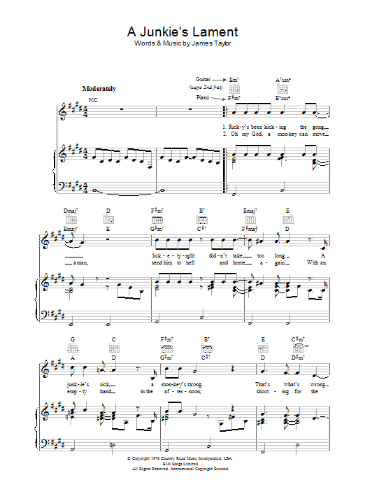 James Taylor A Junkie's Lament Sheet Music Notes & Chords for Piano, Vocal & Guitar (Right-Hand Melody) - Download or Print PDF