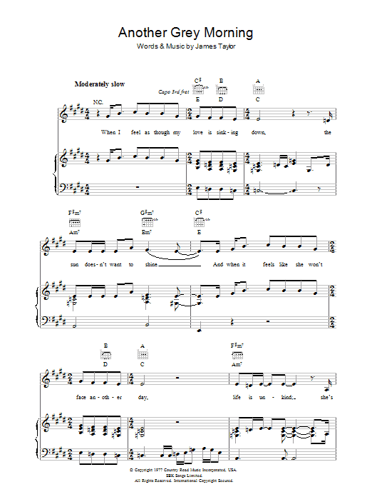 James Taylor Another Grey Morning Sheet Music Notes & Chords for Piano, Vocal & Guitar (Right-Hand Melody) - Download or Print PDF