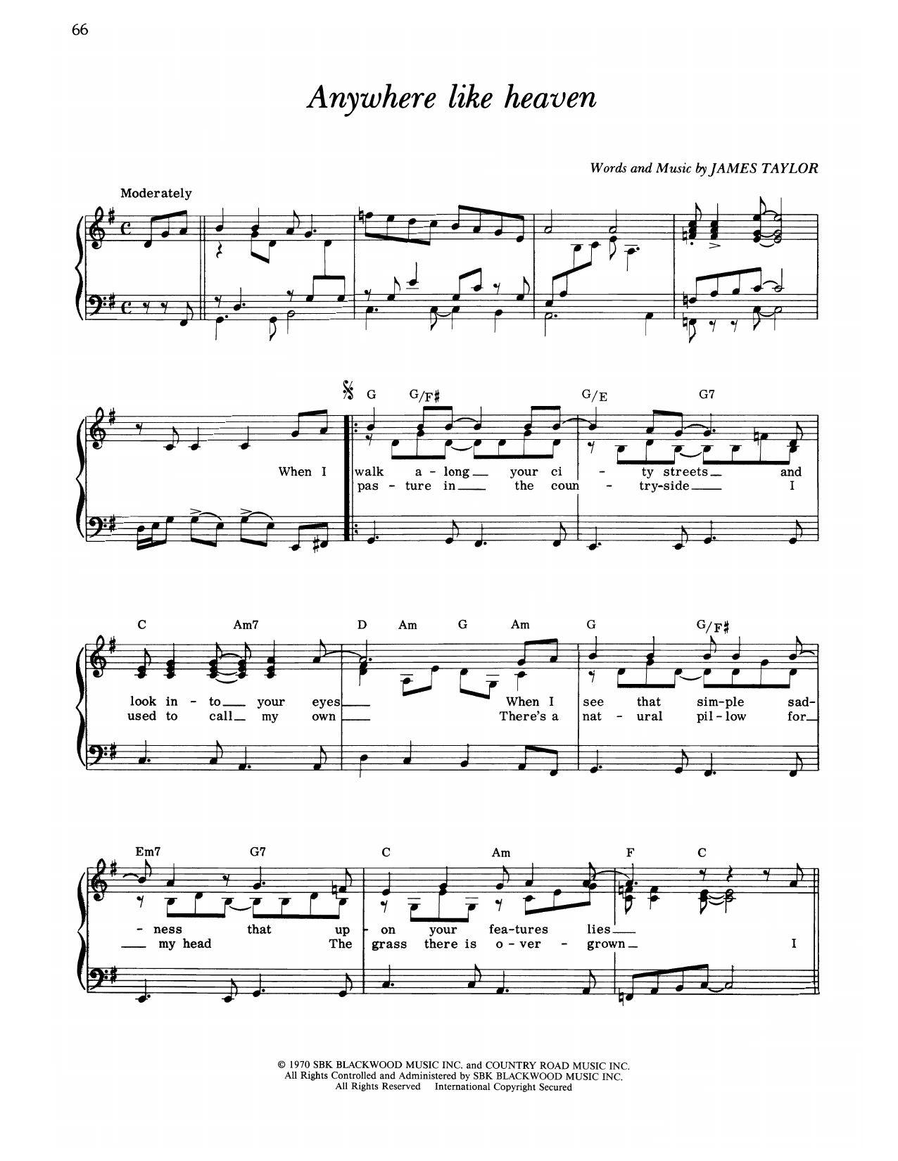 James Taylor Anywhere Like Heaven Sheet Music Notes & Chords for Piano, Vocal & Guitar Chords (Right-Hand Melody) - Download or Print PDF
