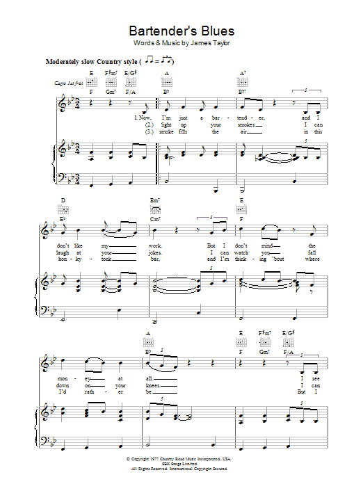 James Taylor Bartender's Blues Sheet Music Notes & Chords for Piano, Vocal & Guitar (Right-Hand Melody) - Download or Print PDF