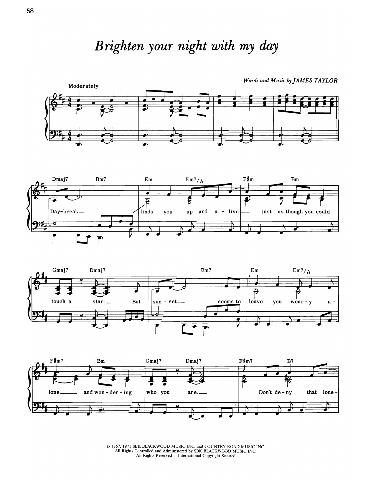 James Taylor Brighten Your Night With My Day Sheet Music Notes & Chords for Piano, Vocal & Guitar Chords (Right-Hand Melody) - Download or Print PDF