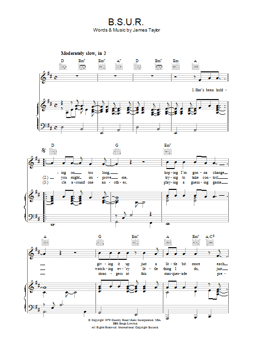 James Taylor B.S.U.R. Sheet Music Notes & Chords for Piano, Vocal & Guitar (Right-Hand Melody) - Download or Print PDF