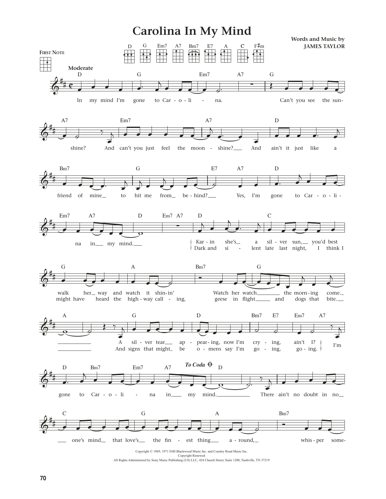 James Taylor Carolina In My Mind (from The Daily Ukulele) (arr. Jim Beloff) Sheet Music Notes & Chords for Ukulele - Download or Print PDF