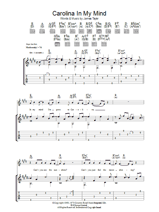 James Taylor Carolina In My Mind Sheet Music Notes & Chords for Guitar Tab - Download or Print PDF