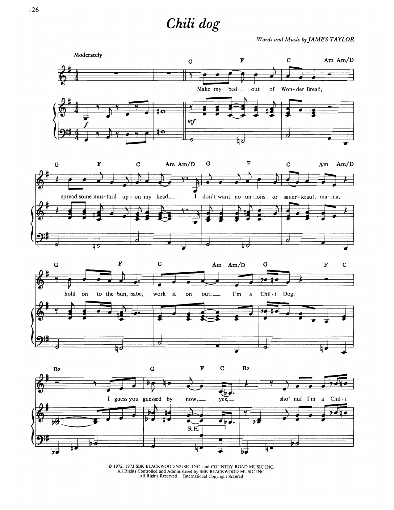 James Taylor Chili Dog Sheet Music Notes & Chords for Piano, Vocal & Guitar Chords (Right-Hand Melody) - Download or Print PDF