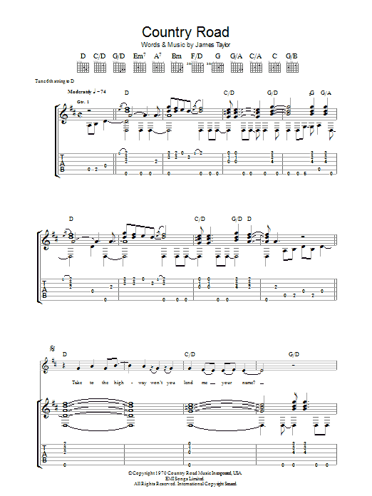 James Taylor Country Road Sheet Music Notes & Chords for Guitar Tab - Download or Print PDF